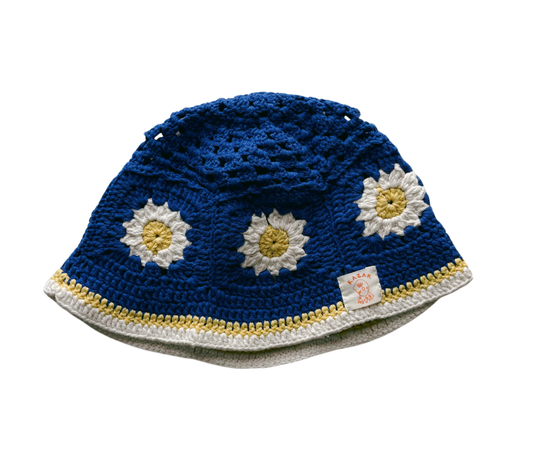 Blue Daisy Hat, one-off hand-crocheted hat by Kazak Woolies