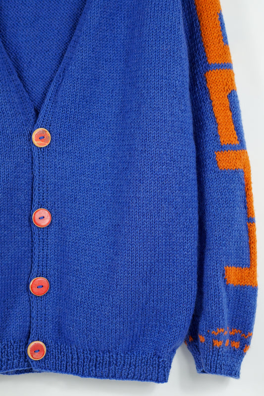 Blue Geo Sleeve Cardigan, one-off hand-knitted cardigan by Kazak Woolies