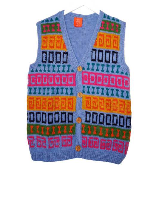 Blue Harbor Vest, one-off hand-knitted vest by Kazak Woolies