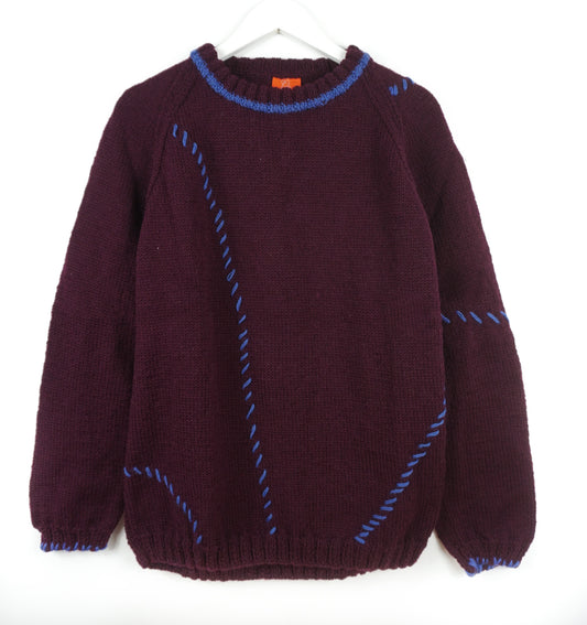 Blue Stiched Burgundy Jumper, one-off hand-knitted jumper by Kazak Woolies