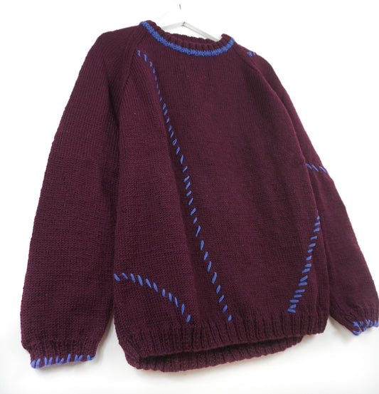 Blue Stiched Burgundy Jumper, one-off hand-knitted jumper by Kazak Woolies