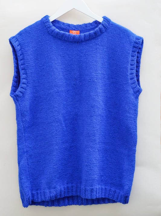 Blue Vest, one-off hand-knitted vest by Kazak Woolies