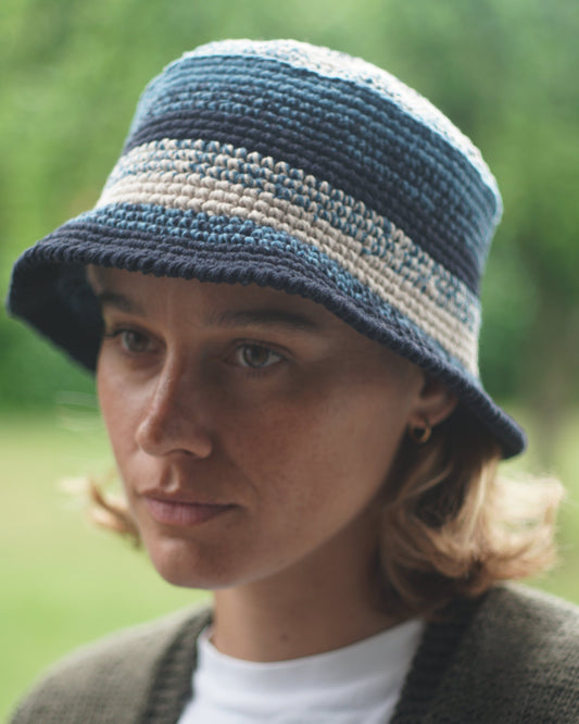 Blues Stripes Hat, one-off hand-crocheted hat by Kazak Woolies