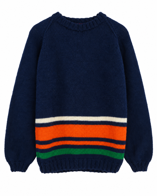 Bottom Striped Navy Jumper, one-off hand-knitted jumper by Kazak Woolies