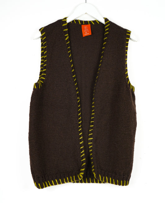 Brown Stitched Sleeveless Cardigan, one-off hand-knitted sleeveless cardigan by Kazak Woolies