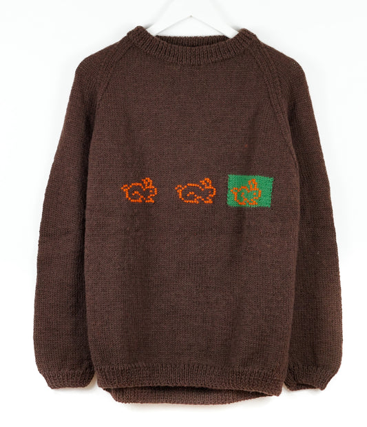 Bunnies Brown Jumper, one-off hand-knitted jumper by Kazak Woolies