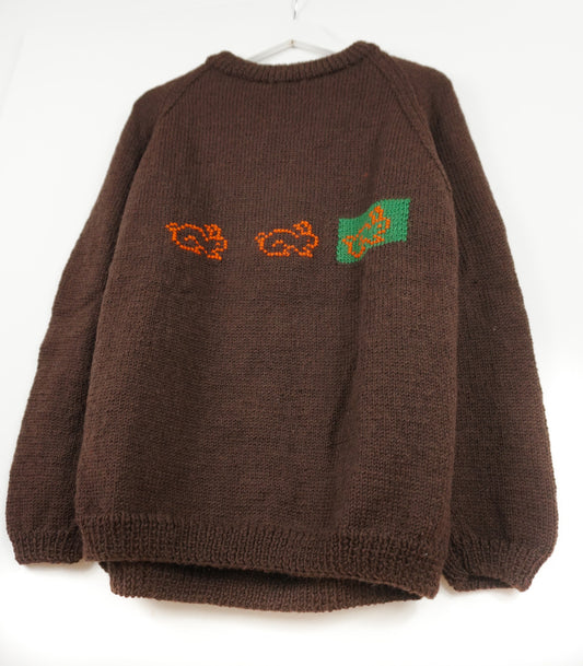 Bunnies Brown Jumper, one-off hand-knitted jumper by Kazak Woolies