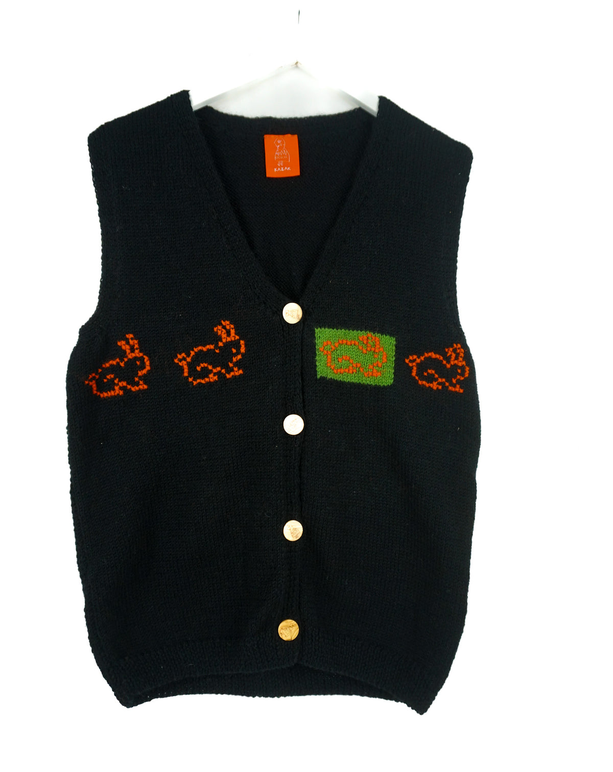 Bunnies Sleeveless Cardigan, one-off hand-knitted sleeveless cardigan by Kazak Woolies