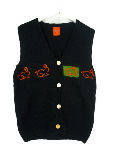 Bunnies Sleeveless Cardigan, one-off hand-knitted sleeveless cardigan by Kazak Woolies