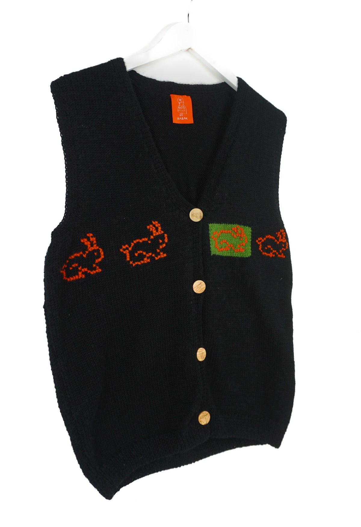 Bunnies Sleeveless Cardigan, one-off hand-knitted sleeveless cardigan by Kazak Woolies