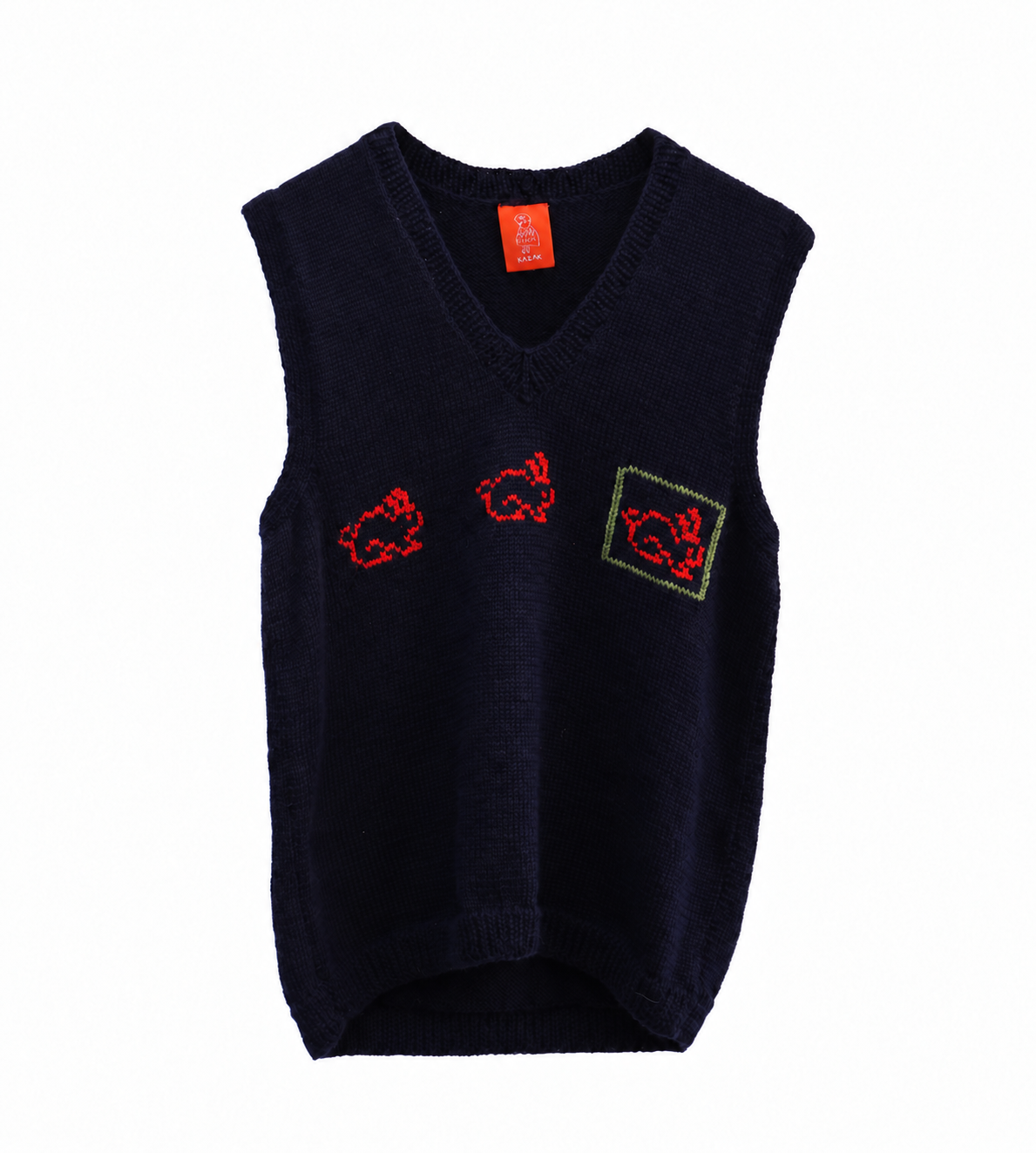 A sleeveless navy blue knit sweater vest with red embroidered motifs and a green-outlined patch detail on the front, displayed against a plain white background.