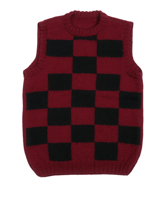 Burgundy Black Checkered Vest, one-off hand-knitted vest by Kazak Woolies