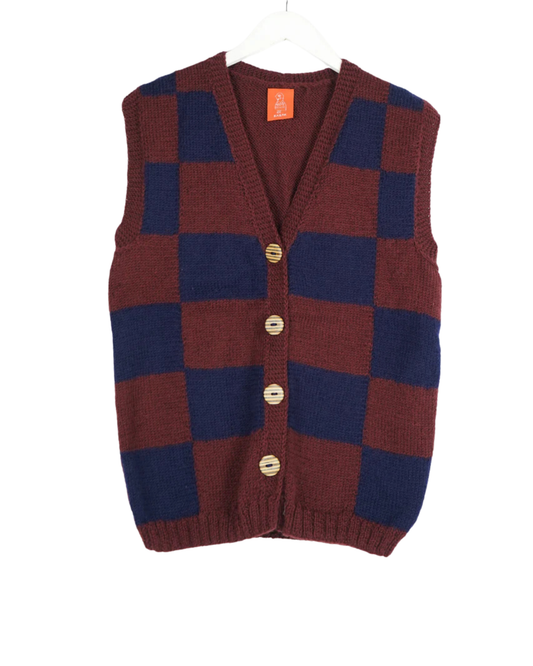Burgundy Checkered Sleeveless Cardigan, one-off hand-knitted sleeveless cardigan by Kazak Woolies