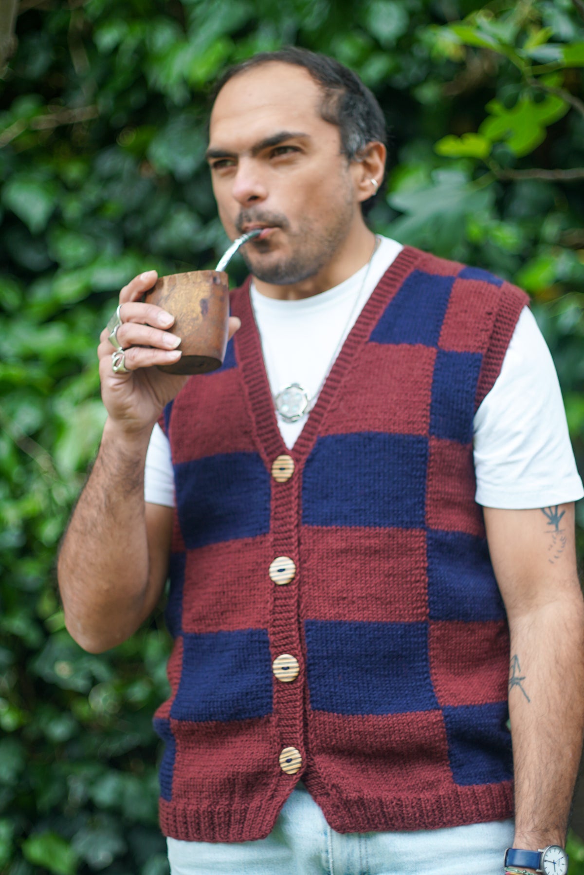 Burgundy Checkered Sleeveless Cardigan, one-off hand-knitted sleeveless cardigan by Kazak Woolies