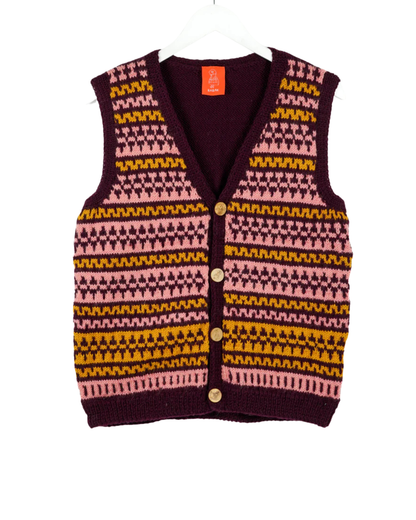 Burgundy Patterned Sleeveless Cardigan, one-off hand-knitted sleeveless cardigan by Kazak Woolies