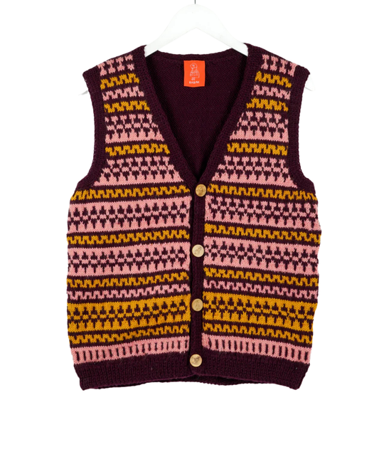 Burgundy Patterned Sleeveless Cardigan, one-off hand-knitted sleeveless cardigan by Kazak Woolies