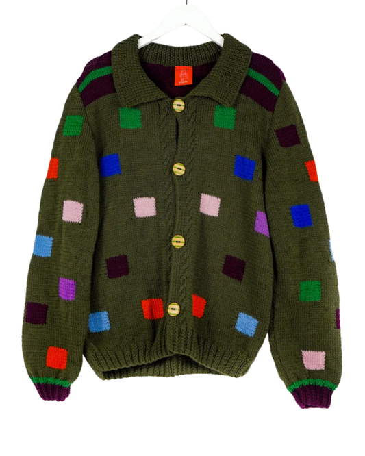 Checkerboard Cardigan, one-off hand-knitted cardigan by Kazak Woolies