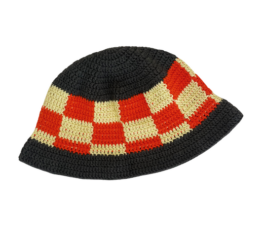Checkered Sunset Hat, one-off hand-crocheted hat by Kazak Woolies
