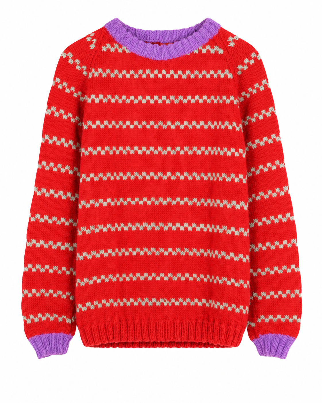 A red knit sweater with horizontal light gray zigzag stripes and purple ribbed trim at the crew neck, cuffs, and hem, shown against a plain white background.
