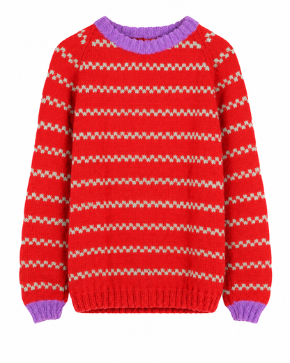 A red knit sweater with horizontal light gray zigzag stripes and purple ribbed trim at the crew neck, cuffs, and hem, shown against a plain white background.