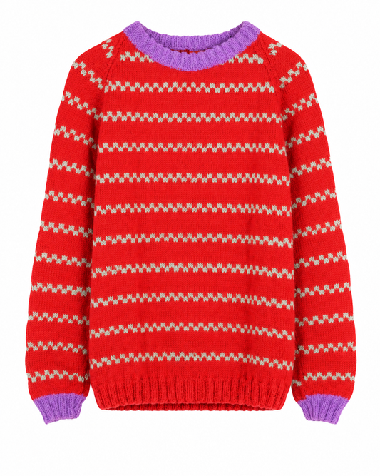 A red knit sweater with horizontal light gray zigzag stripes and purple ribbed trim at the crew neck, cuffs, and hem, shown against a plain white background.