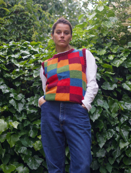 Chromatic Checkered Vest, one-off hand-knitted vest by Kazak Woolies