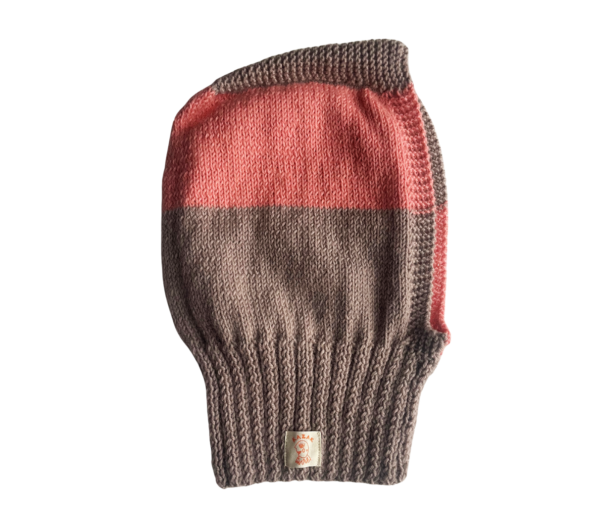 Clay and Coral Balaclava, one-off hand-knitted balaclava by Kazak Woolies