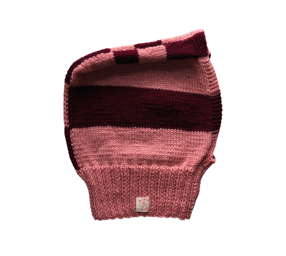 Clay Rose Balaclava, one-off hand-knitted balaclava by Kazak Woolies
