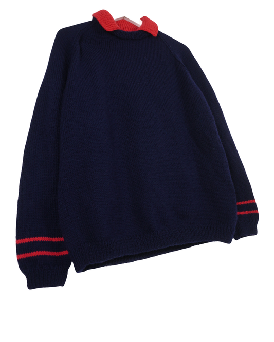 Coral Collar Navy Jumper, one-off hand-knitted jumper by Kazak Woolies