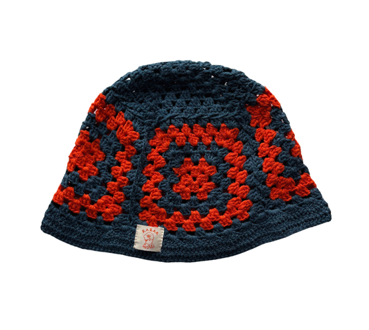 Coral Square Hat, one-off hand-crocheted hat by Kazak Woolies