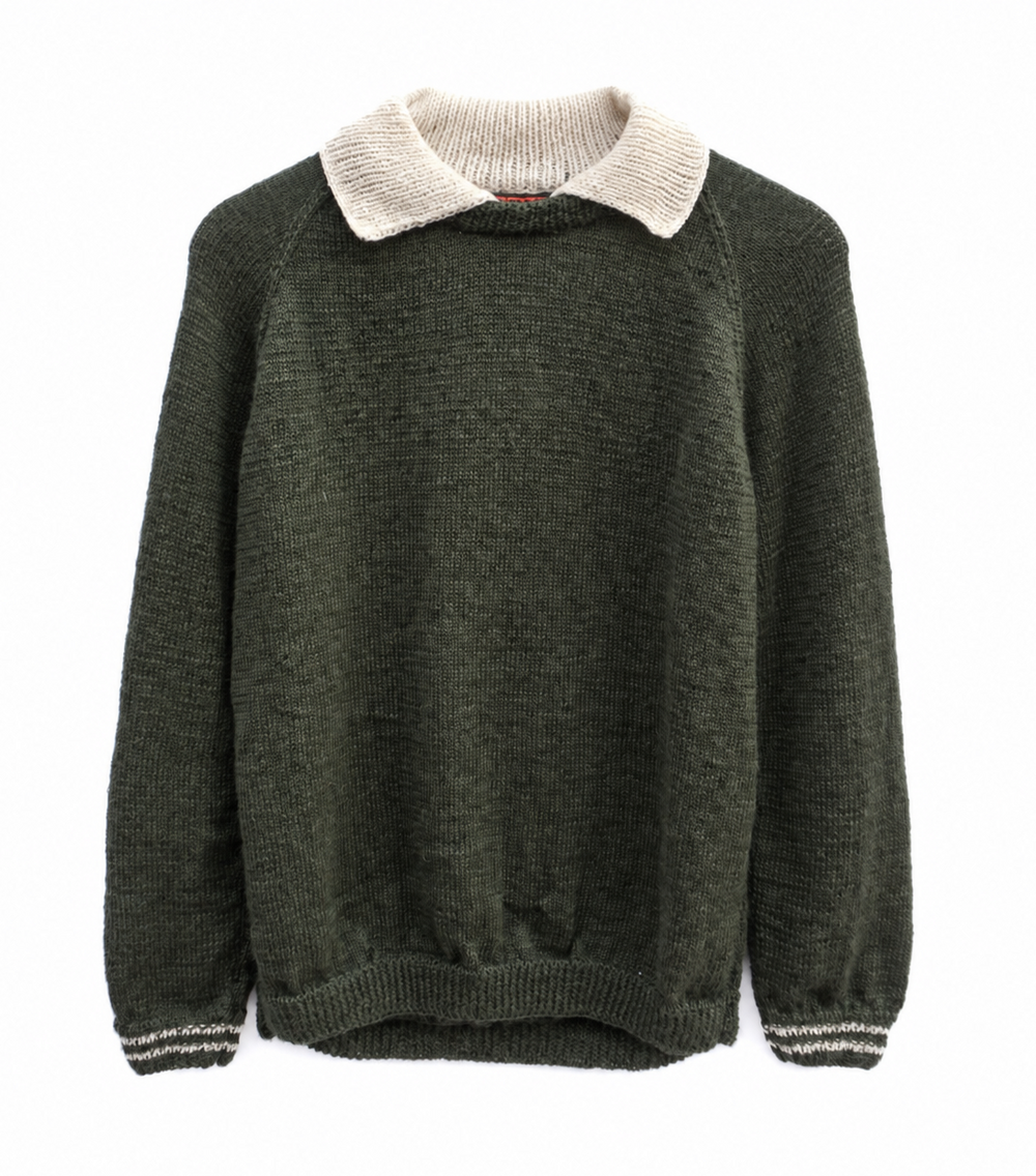 An olive green knit sweater with a contrasting cream-colored collar and striped ribbed cuffs and hem, displayed against a plain white background.