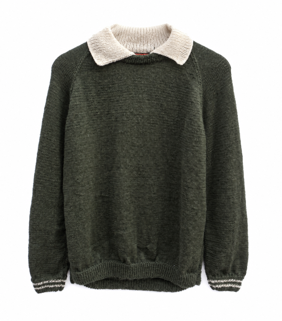 An olive green knit sweater with a contrasting cream-colored collar and striped ribbed cuffs and hem, displayed against a plain white background.
