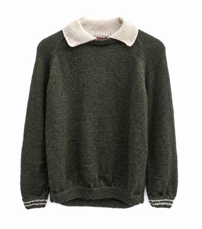 An olive green knit sweater with a contrasting cream-colored collar and striped ribbed cuffs and hem, displayed against a plain white background.