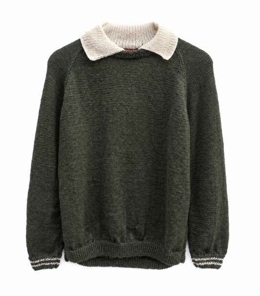 An olive green knit sweater with a contrasting cream-colored collar and striped ribbed cuffs and hem, displayed against a plain white background.