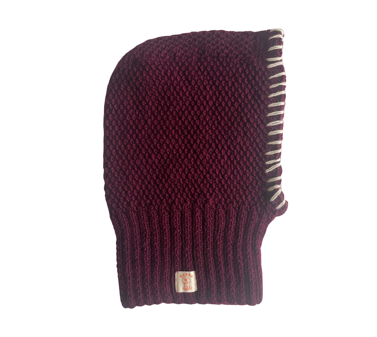 Cream Edge Burgundy Balaclava, one-off hand-knitted balaclava by Kazak Woolies