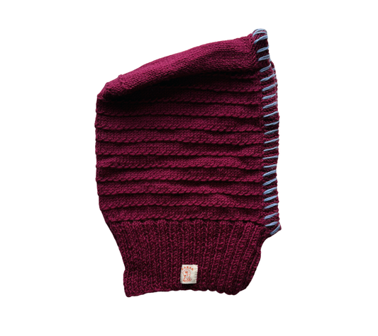 Dark Cherry Rib Balaclava, one-off hand-knitted balaclava by Kazak Woolies