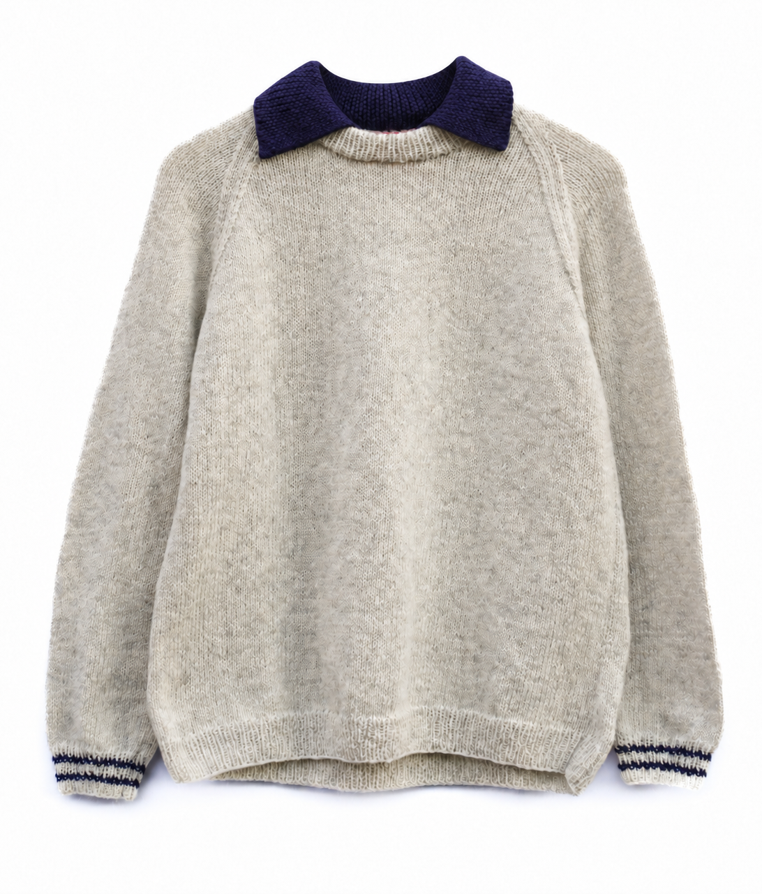 A light beige knit sweater with a contrasting dark navy blue collar and matching navy stripes on the cuffs, displayed flat against a white background.