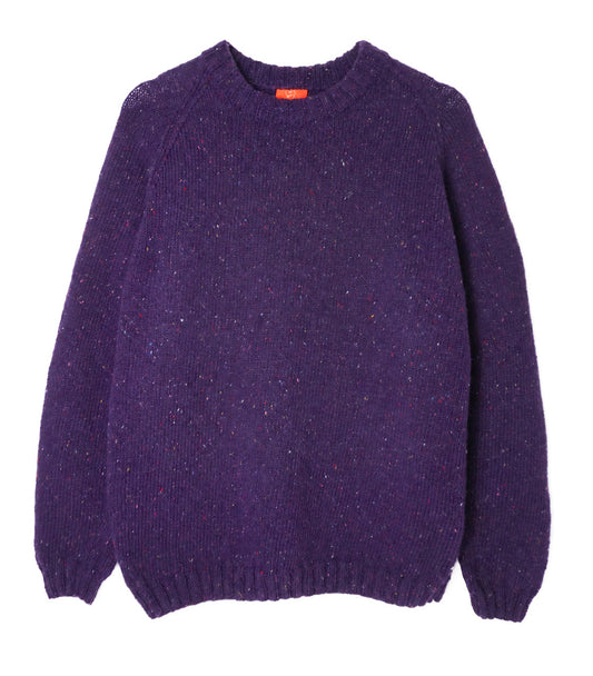 A dark purple knit sweater with subtle multicolor flecks throughout, featuring a crew neck and ribbed cuffs and hem, shown against a plain white background.