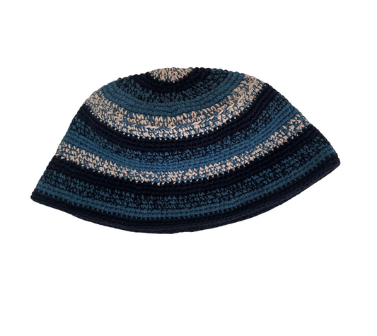 Denim Ripple Hat, one-off hand-crocheted hat by Kazak Woolies