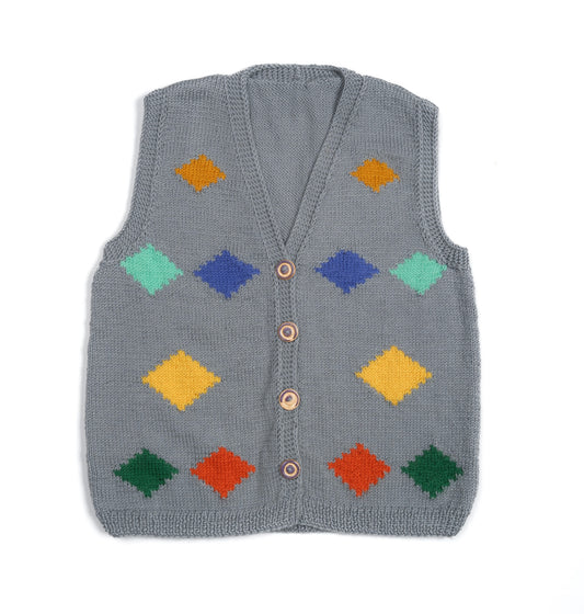 Diamond in Colors Sleeveless Cardigan, one-off hand-knitted sleeveless cardigan by Kazak Woolies