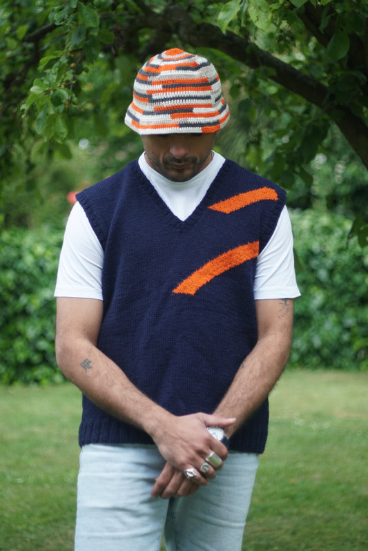 Double Striped Dark Navy Vest, one-off hand-knitted vest by Kazak Woolies