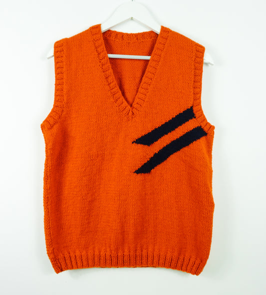 Double Striped Sunset Orange Vest, one-off hand-knitted vest by Kazak Woolies