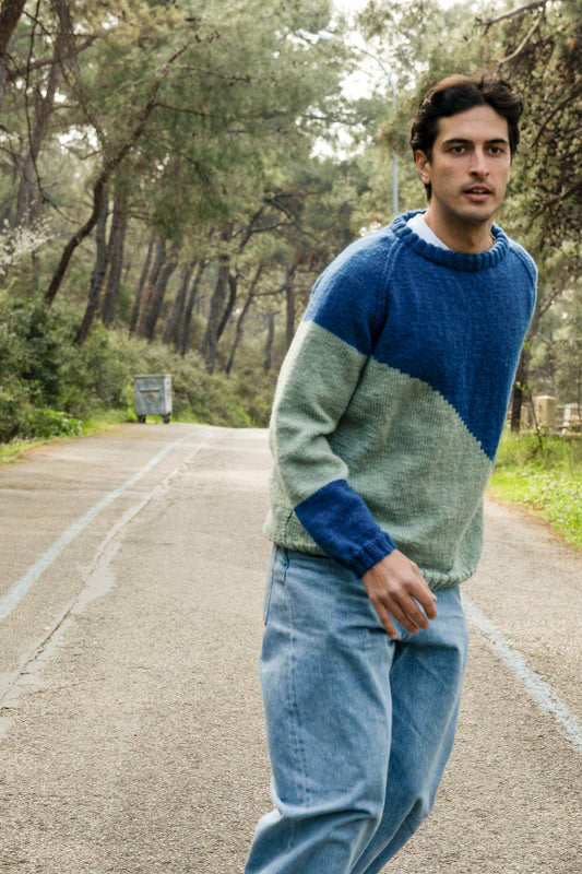 Duotone Diagonal Jumper, one-off hand-knitted jumper by Kazak Woolies