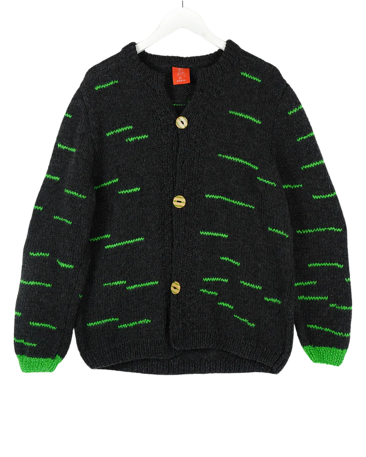 Emerald Dash Cardigan, one-off hand-knitted cardigan by Kazak Woolies