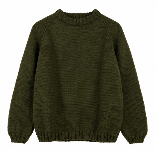 Dark olive green hand-knitted crewneck sweater with raglan sleeves and matching ribbed neckline, cuffs and hem.