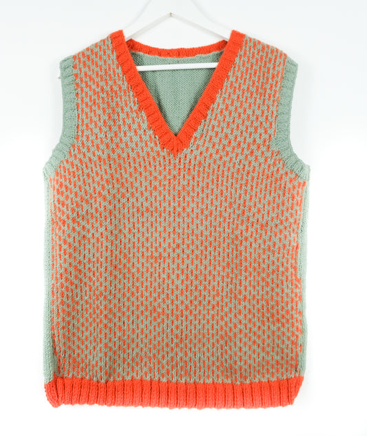 Fair Isle Orange Heavy Vest, one-off hand-knitted vest by Kazak Woolies