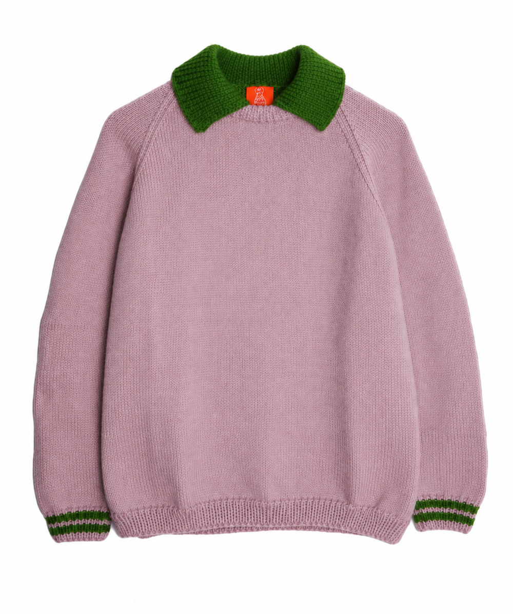 A dusty pink knit sweater with a contrasting dark green ribbed collar and matching green striped cuffs, displayed against a solid white background.