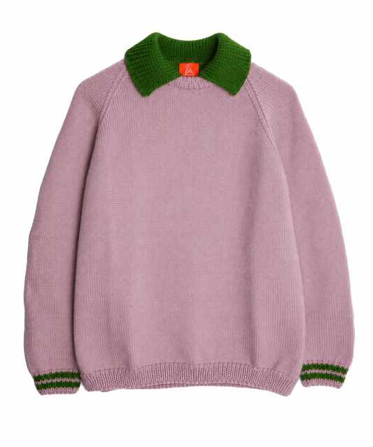 A dusty pink knit sweater with a contrasting dark green ribbed collar and matching green striped cuffs, displayed against a solid white background.