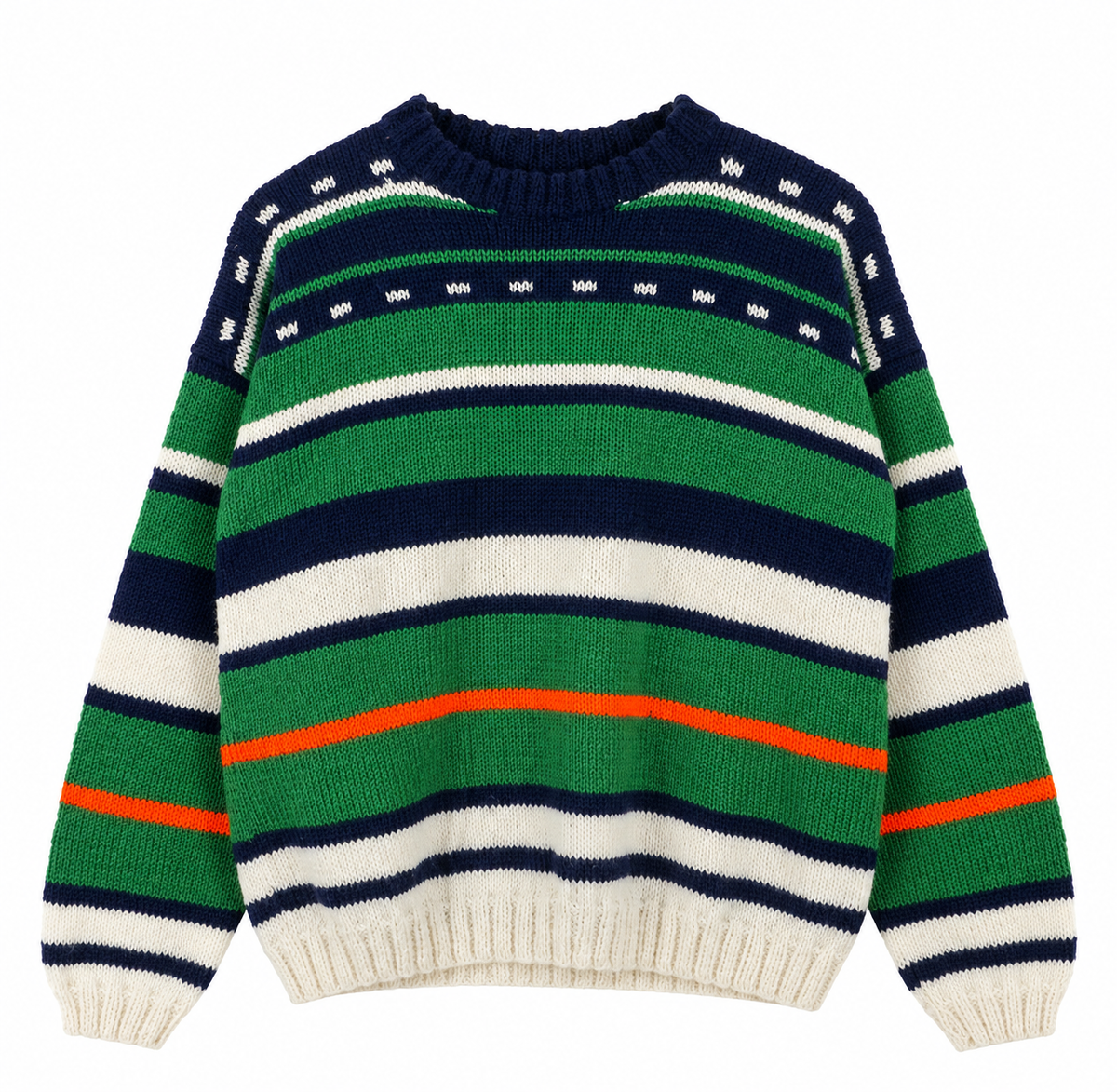 A striped knit sweater with horizontal bands of green, navy, off-white, and thin orange stripes, featuring a crew neck and ribbed cuffs and hem.