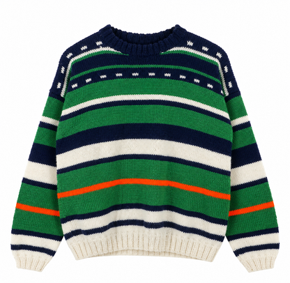 A striped knit sweater with horizontal bands of green, navy, off-white, and thin orange stripes, featuring a crew neck and ribbed cuffs and hem.